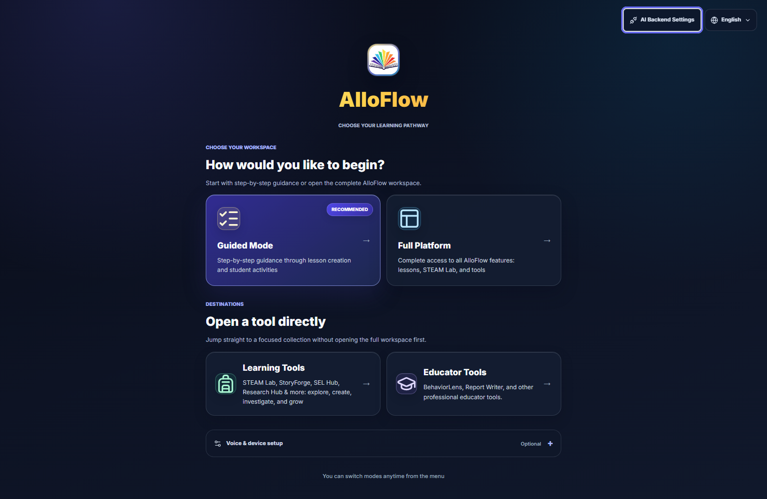 AlloFlow launch screen showing Guided Mode and Full Platform workspace choices, with Learning Tools and Educator Tools below and AI Backend Settings at the upper right.
