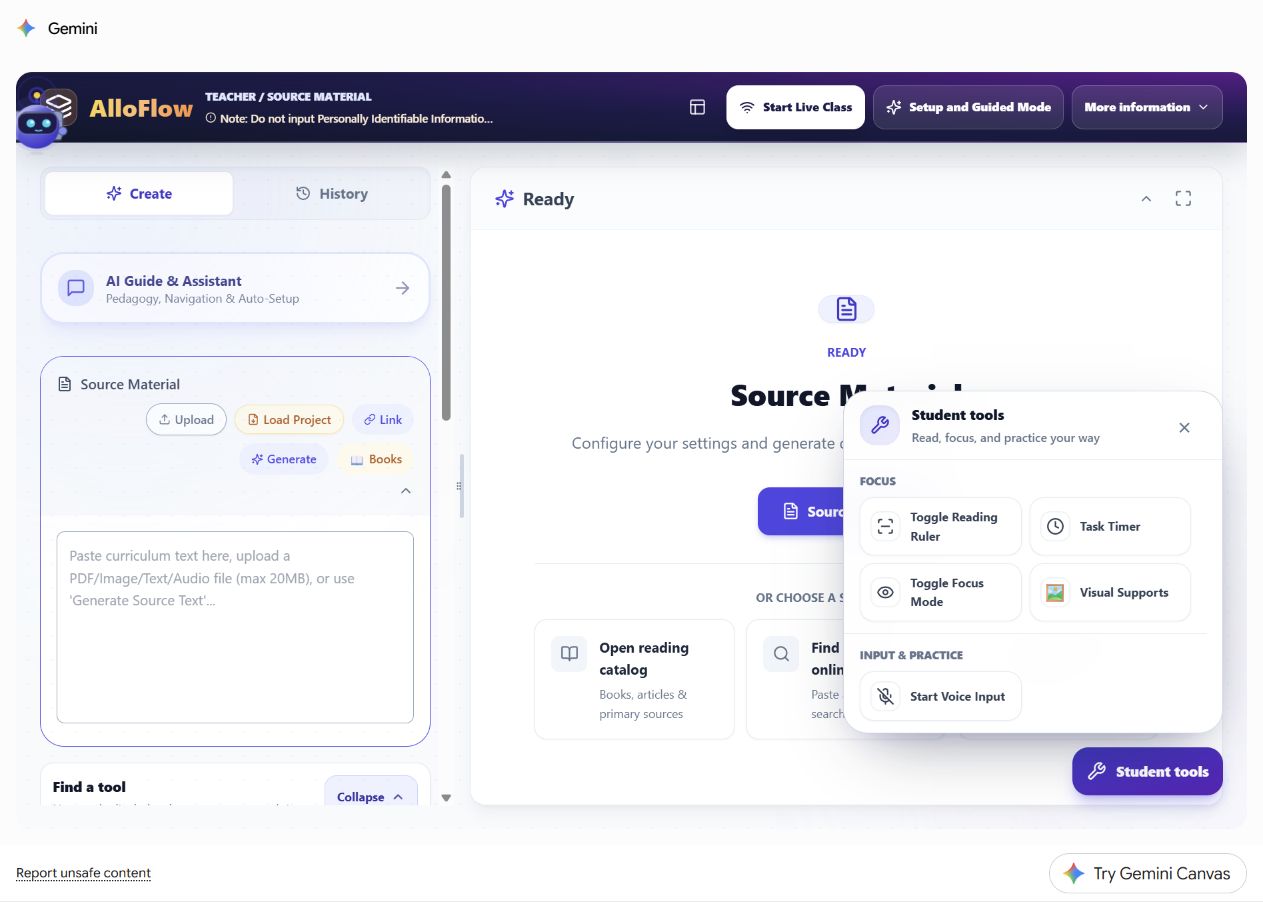 The Student tools panel, opened from a button in the lower right and subtitled "Read, focus, and practice your way". A Focus group offers Toggle Reading Ruler, Task Timer, Toggle Focus Mode, and Visual Supports. An Input and practice group offers Start Voice Input.