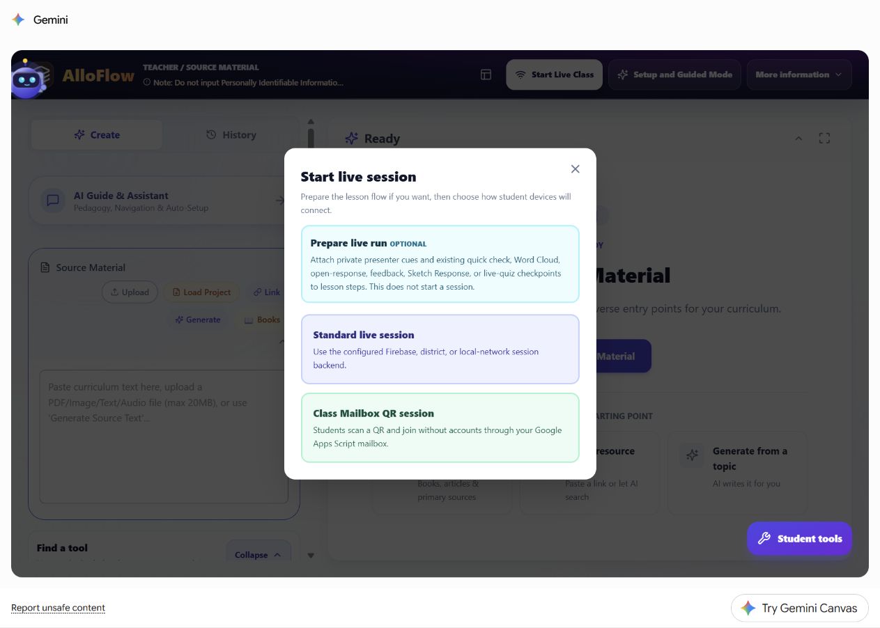 The Start live session dialog offering three choices: Prepare live run, marked optional, for attaching presenter cues and checkpoints to lesson steps without starting a session; Standard live session using the configured Firebase, district, or local network backend; and Class Mailbox QR session, where students scan a code and join without accounts through your Google Apps Script mailbox.