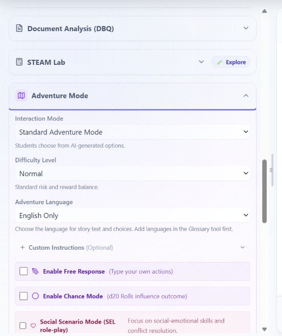 The Adventure Mode settings panel in the teacher sidebar, expanded below collapsed cards for Document Analysis and STEAM Lab. It offers Interaction Mode set to Standard Adventure Mode, noted as students choosing from AI generated options; Difficulty Level set to Normal, described as standard risk and reward balance; and Adventure Language set to English Only, with a note that further languages are added in the Glossary tool first. Below those sit optional Custom Instructions and three switches: Enable Free Response for typing your own actions, Enable Chance Mode where d20 rolls influence the outcome, and Social Scenario Mode for social-emotional role play.