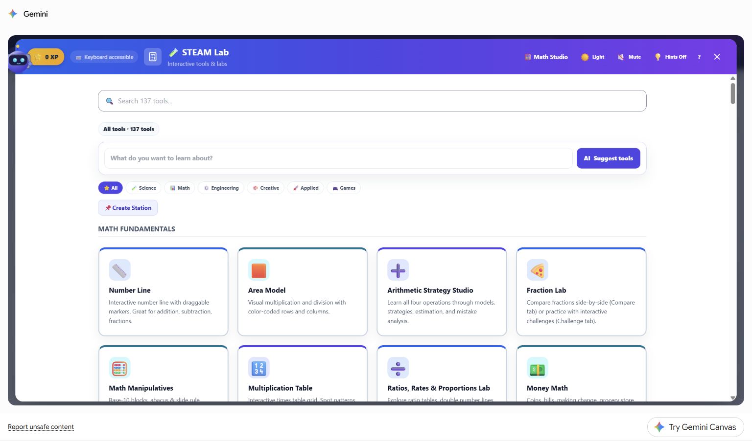 The STEAM Lab tool browser. A search box sits at the top, followed by a box asking "What do you want to learn about?" with an AI Suggest tools button, then subject filter chips for All, Science, Math, Engineering, Creative, Applied, and Games. Below them a Math Fundamentals group shows tool cards including Number Line, Area Model, Arithmetic Strategy Studio, Fraction Lab, Math Manipulatives, and Multiplication Table, each with a one-line description. A Keyboard accessible badge sits in the header.