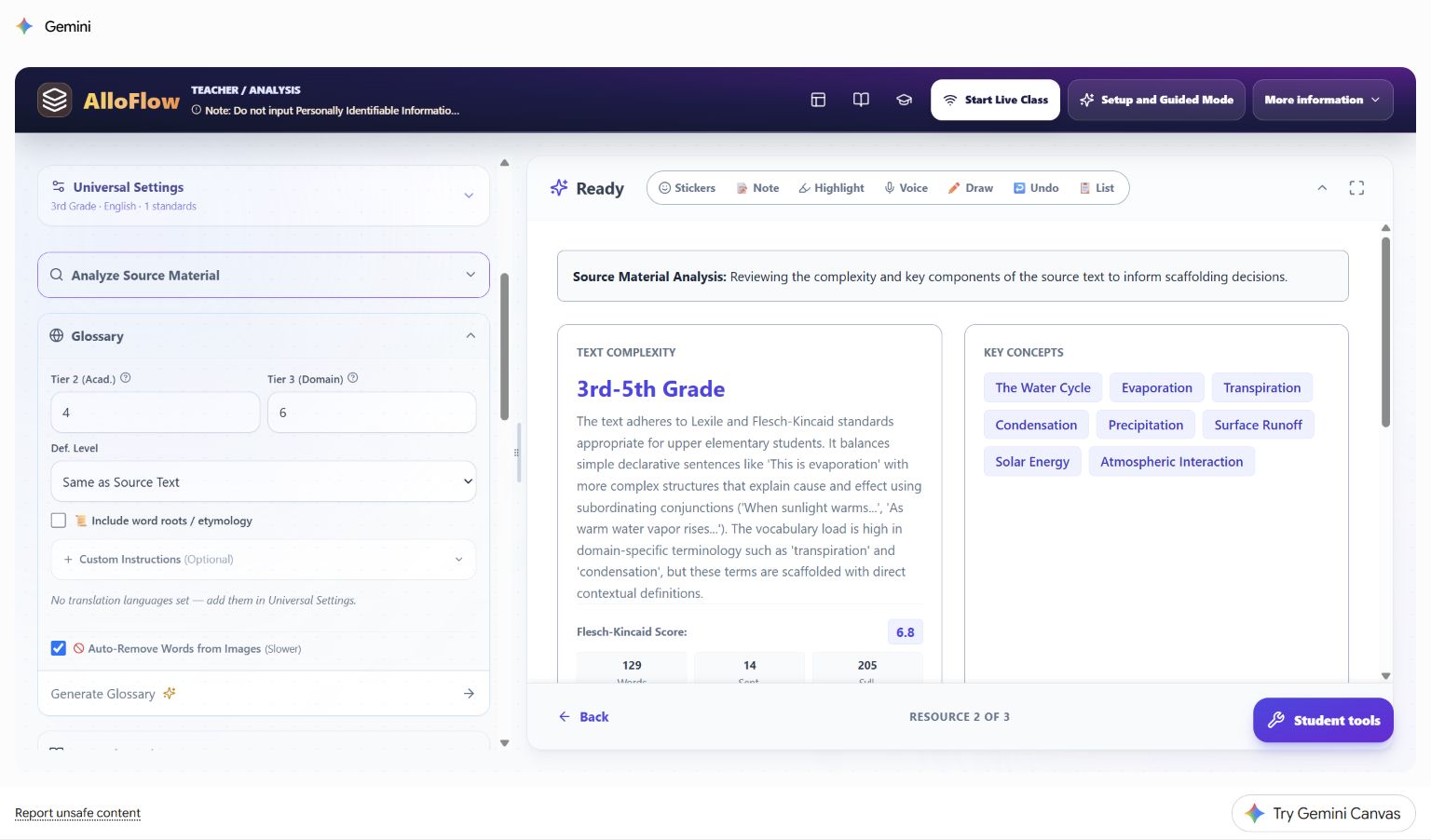 AlloFlow Glossary panel in Gemini Canvas showing Tier 2 and Tier 3 controls and a message that no translation languages are set