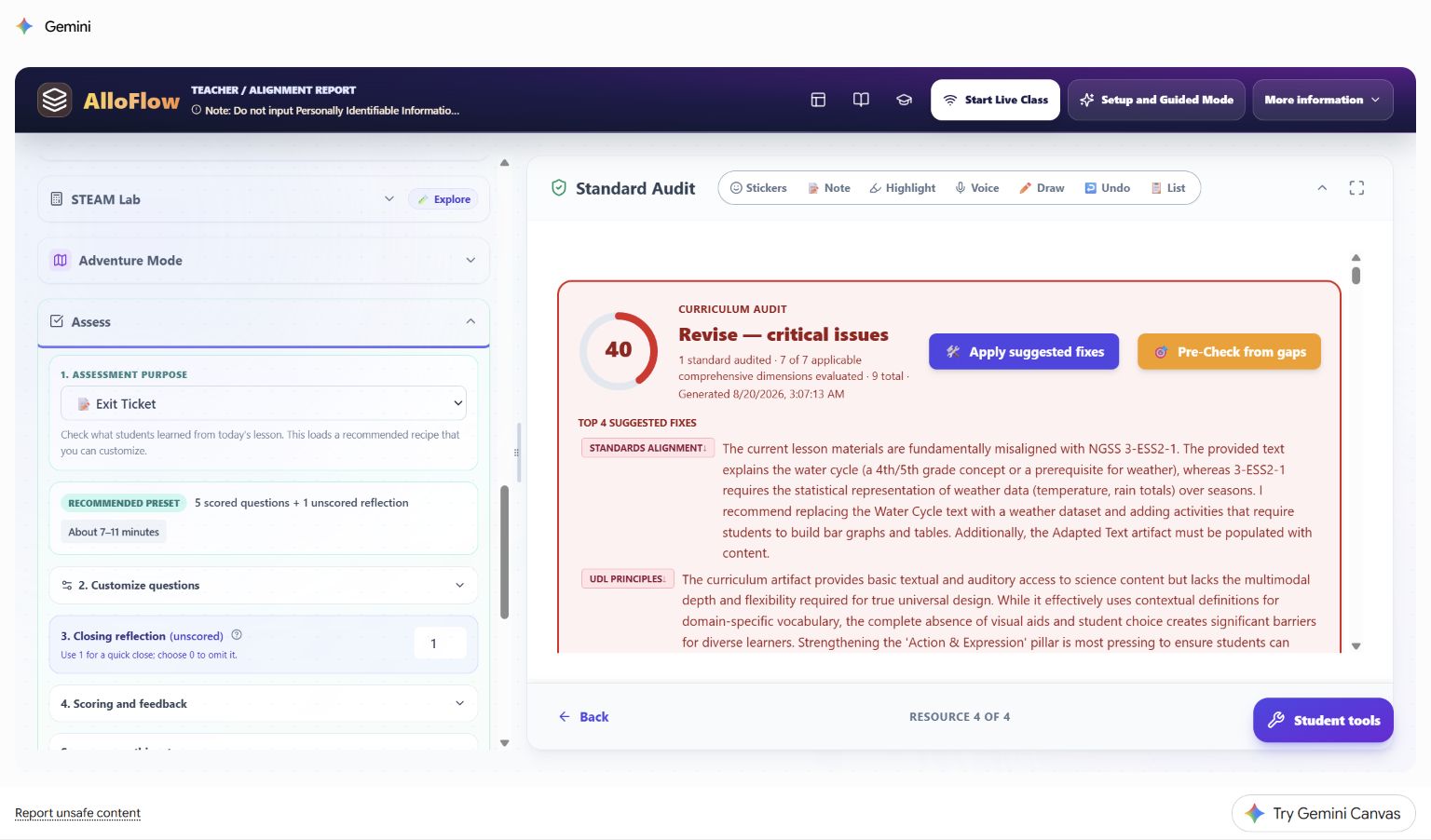AlloFlow Assess panel in Gemini Canvas showing the Exit Ticket purpose, recommended question and reflection preset, question customization, scoring, feedback, and Custom Instructions controls