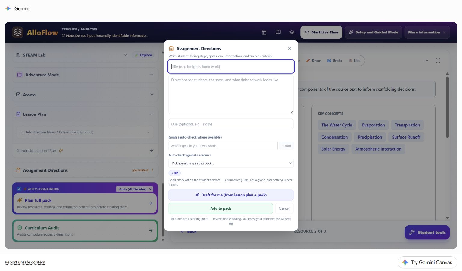 AlloFlow Assignment Directions dialog in Gemini Canvas showing fields for the title, student-facing directions, due information, goals, automatic checking, AI drafting, and adding the directions to the pack