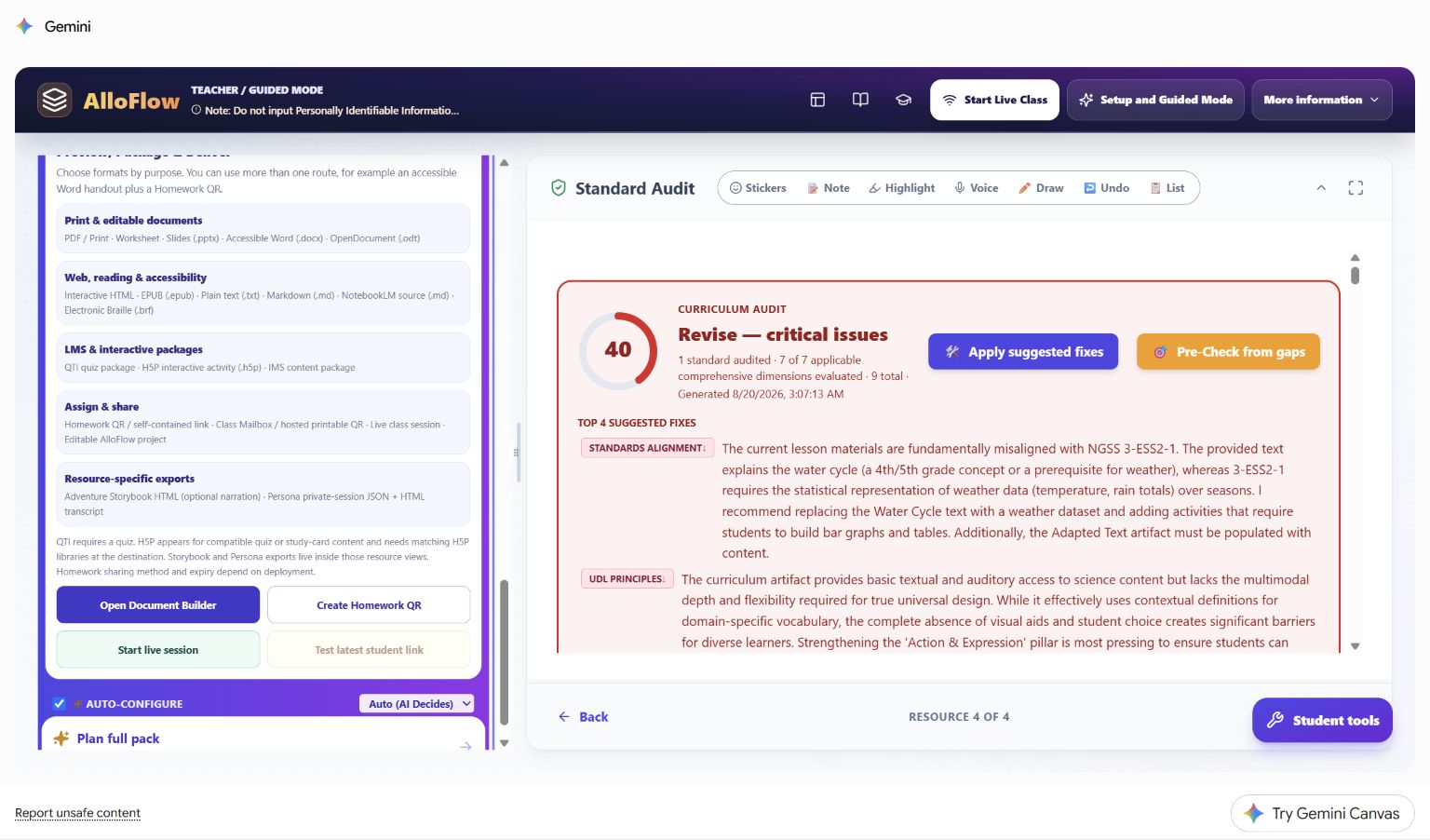 AlloFlow Preview, Package and Deliver panel in Gemini Canvas showing document, web and accessibility, LMS, sharing, and resource-specific export groups with buttons for Document Builder, Homework QR, live session, and testing the latest student link