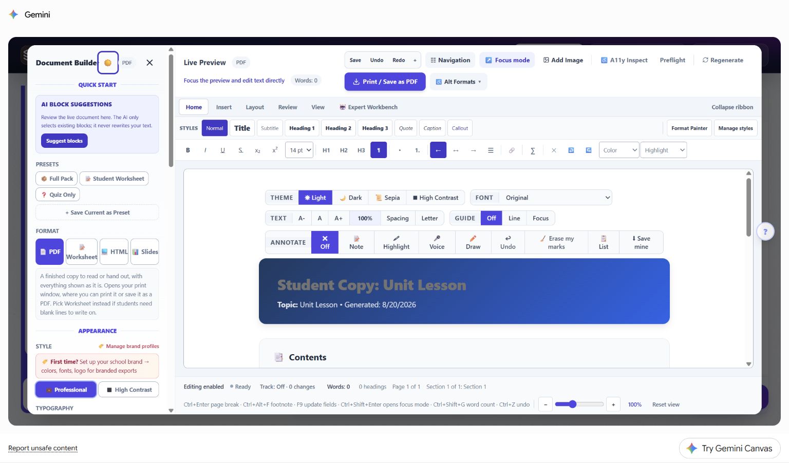 AlloFlow Document Builder in Gemini Canvas showing document formats, appearance controls, navigation, focus mode, accessibility inspection, and live preview