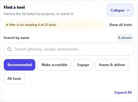 The Find a tool panel with purpose filters and the active-filter notice