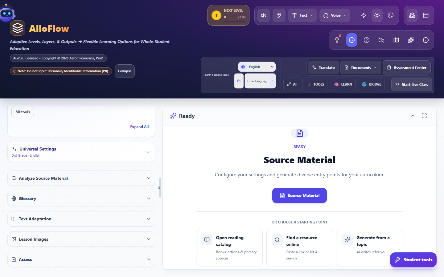 The expanded header, with the App Language selector, the custom-language field, and the Translate, Documents, AI, Tools, Learn and Bridge controls