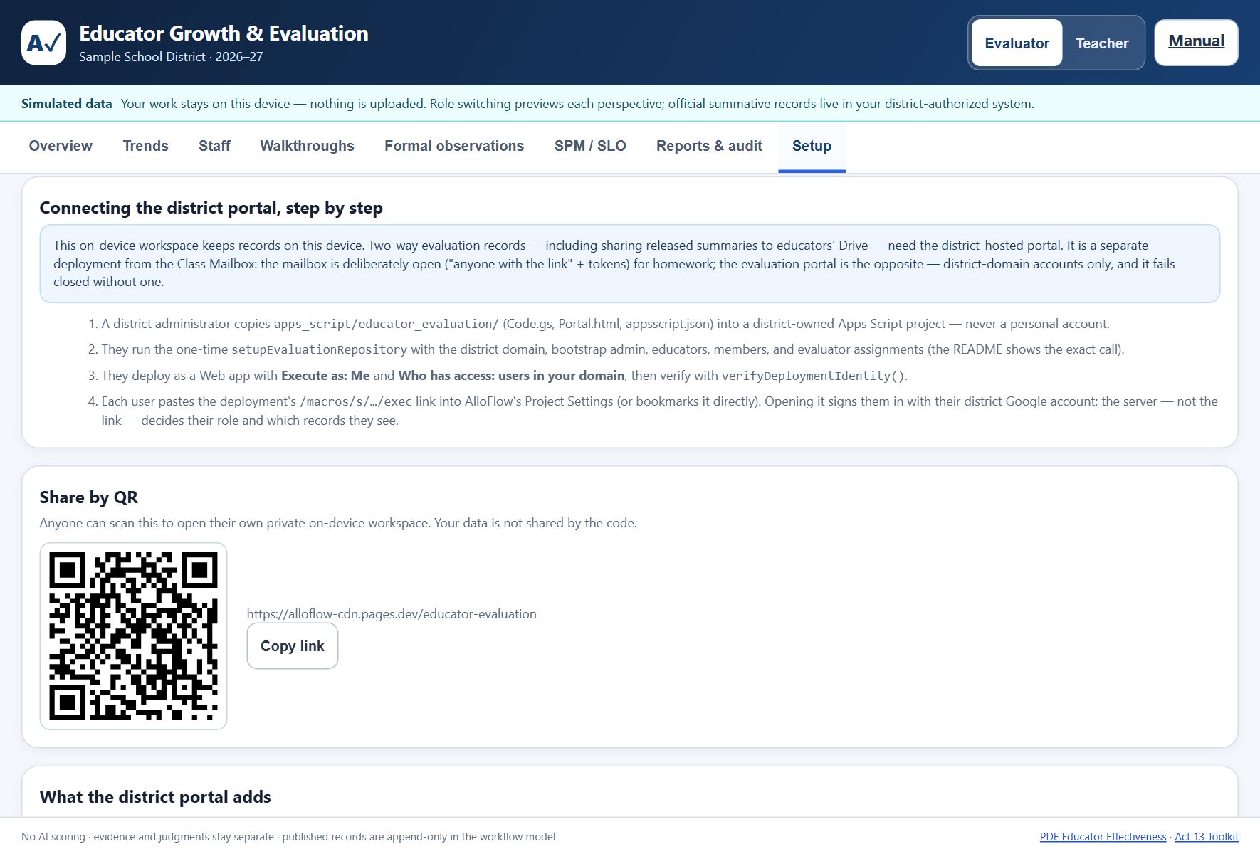 Share by QR card on the Setup tab, showing a QR code beside the address https://alloflow-cdn.pages.dev/educator-evaluation and a Copy link button, with the caption that anyone can scan this to open their own private on-device workspace and that your data is not shared by the code.