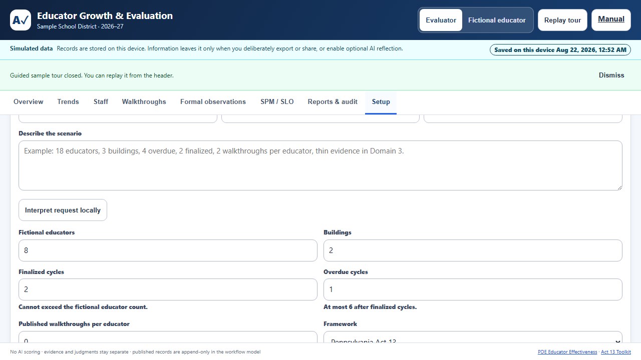 Simulation Studio on the Setup tab showing three scenario presets, a large natural-language scenario field with an Interpret request locally button, and the first manual parameter controls for fictional educators and buildings.