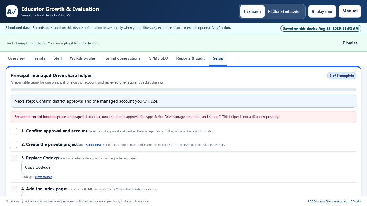 Principal-managed Drive share helper setup card showing zero of seven stages complete, the next-step prompt, the personnel-record boundary warning, approval and project checkboxes, and the Copy Code.gs source control.
