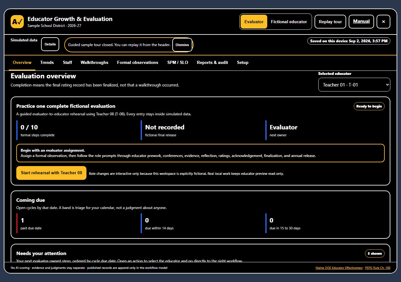 The Educator Evaluation workspace in the high-contrast theme: black backgrounds, white text, amber accents on the selected tab, buttons, and links, and white borders around every card and control.