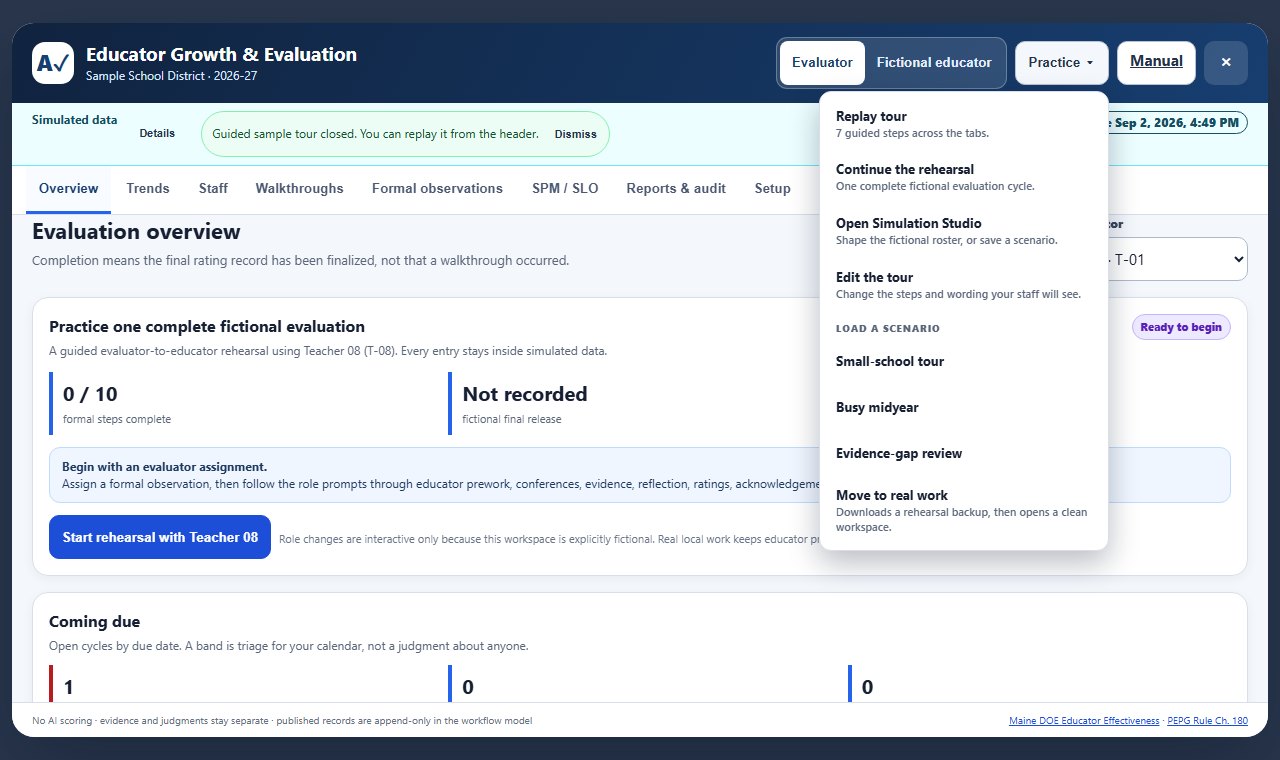 The Practice menu open in the header of a fictional workspace: Replay tour, Continue the rehearsal, Open Simulation Studio, Edit the tour, a Load a scenario group listing Small-school tour, Busy midyear, and Evidence-gap review, and Move to real work.
