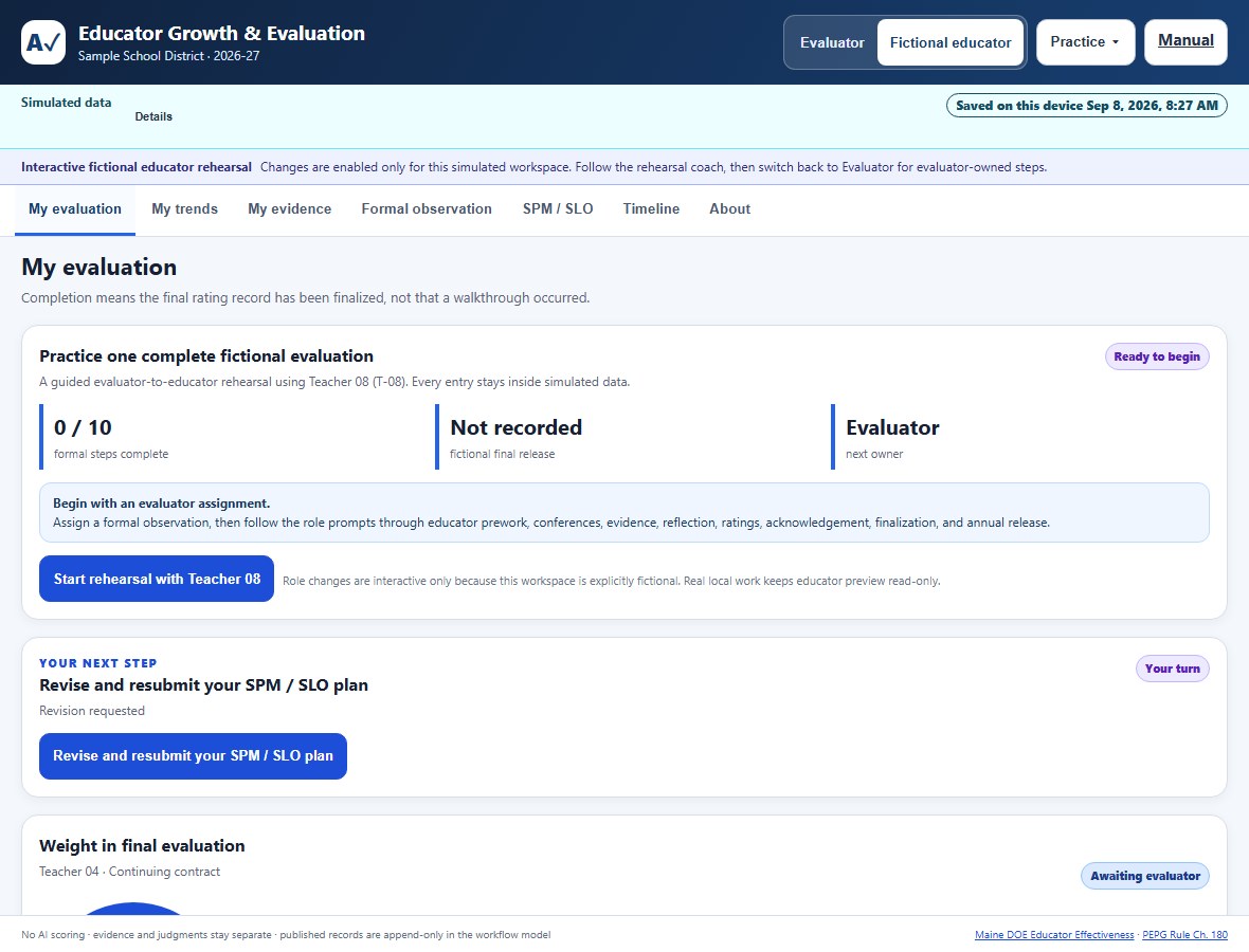 A fictional educator overview showing a returned SPM plan as Your next step, with a Your turn label and a button to revise and resubmit, even though a formal observation also has evaluator work remaining.