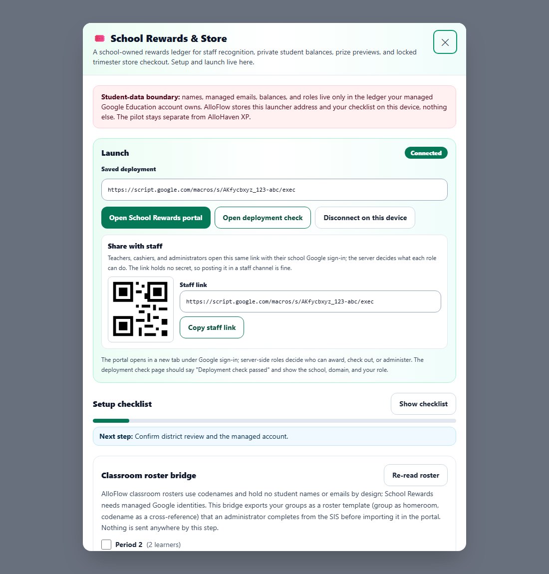 The panel after connecting: a Connected badge, the saved deployment URL, buttons to open the portal, open the deployment check, and disconnect, and a Share with staff box with a QR code, the staff link, and a Copy staff link button.