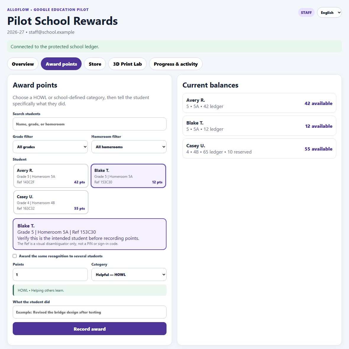 The Award points tab. Search and grade and homeroom filters above a grid of student tiles; Blake T. is selected with a purple outline; below are the confirmation panel, the group award checkbox, points, category with its help text, the explanation field, and a Record award button. A Current balances list sits on the right.