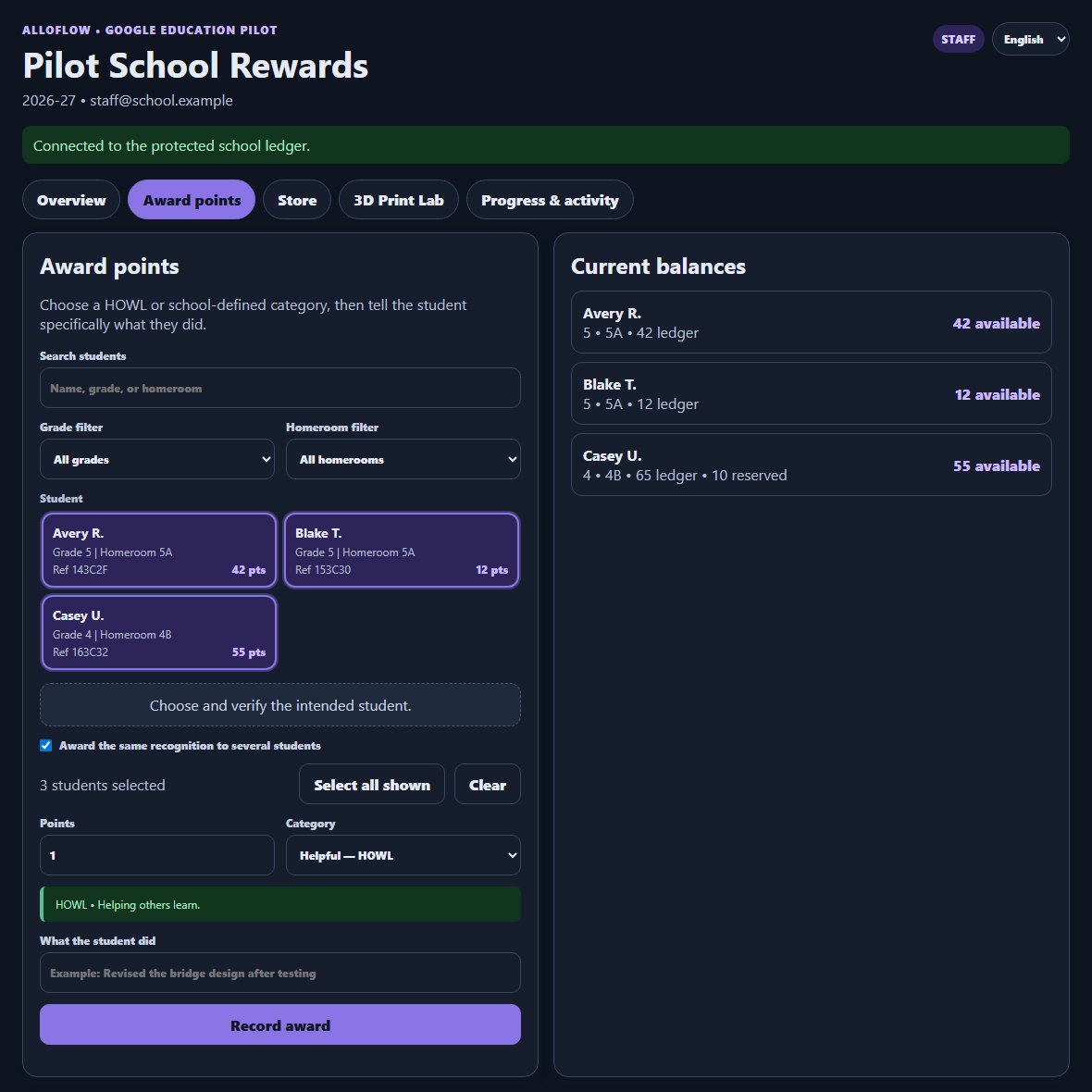 The Award points tab in the dark theme with group mode on: the tiles act as checkboxes, a counter reads three students selected, and Select all shown and Clear buttons sit above the grid.