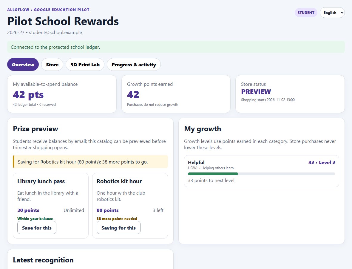 A student's overview: an available balance of 42 points, growth points earned, store status Preview with the opening date, a Prize preview with two prizes and Save for this buttons, a Saving for line reading Robotics kit hour 80 points with 38 more points to go, and a My growth card with a Helpful level bar.