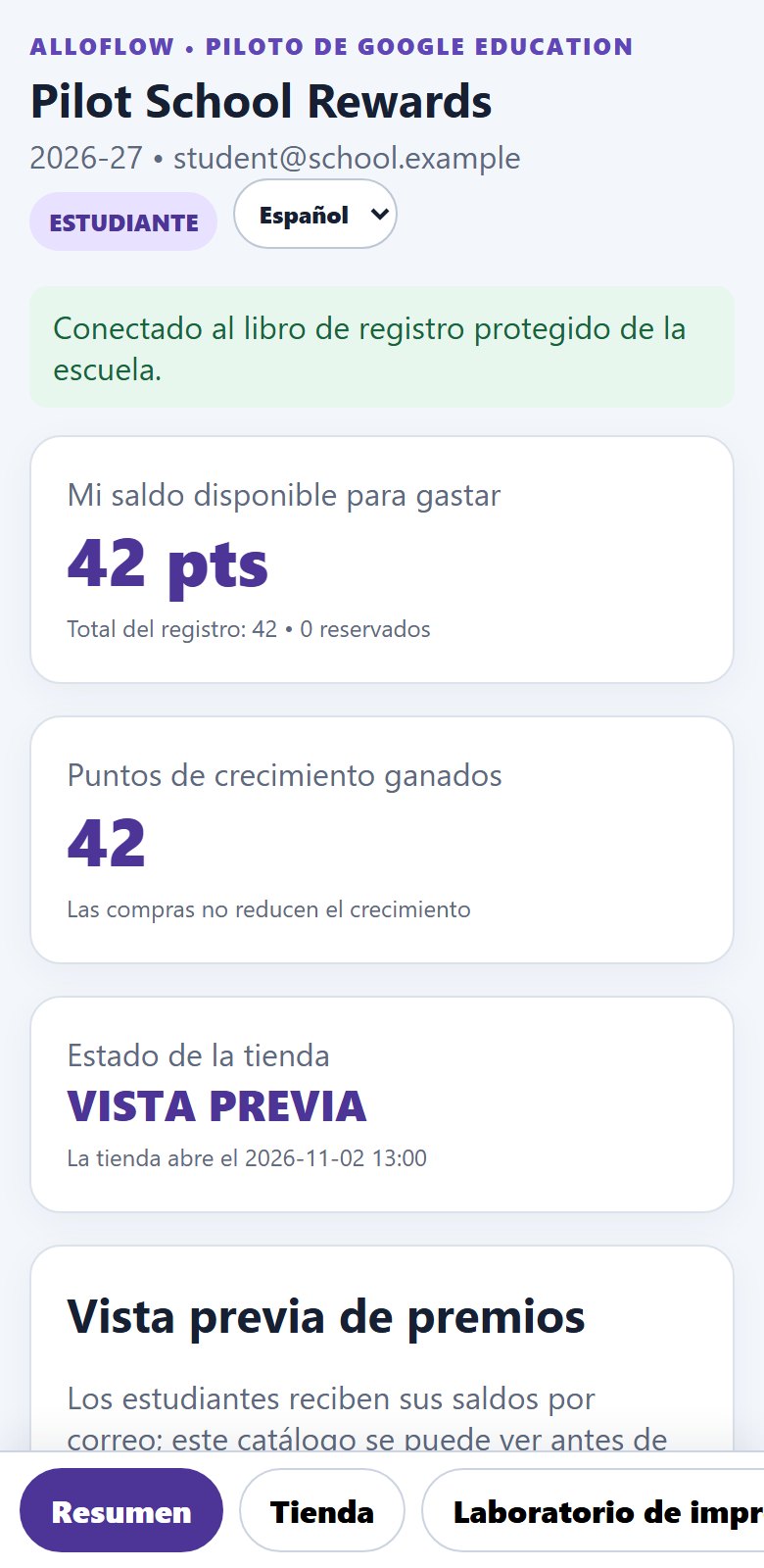 The student overview on a phone in Spanish: the Español menu beside the ESTUDIANTE badge, stacked cards for Mi saldo disponible para gastar, Puntos de crecimiento ganados, and Estado de la tienda, and the tab strip pinned to the bottom reading Resumen, Tienda, and Laboratorio de impresión 3D.