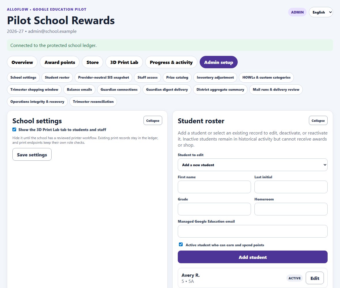 The Admin setup tab: a row of section chips such as School settings, Student roster, Staff access, Prize catalog, and Trimester reconciliation, then cards for School settings with the Print Lab checkbox and Student roster with the add-student form, each with a Collapse button.