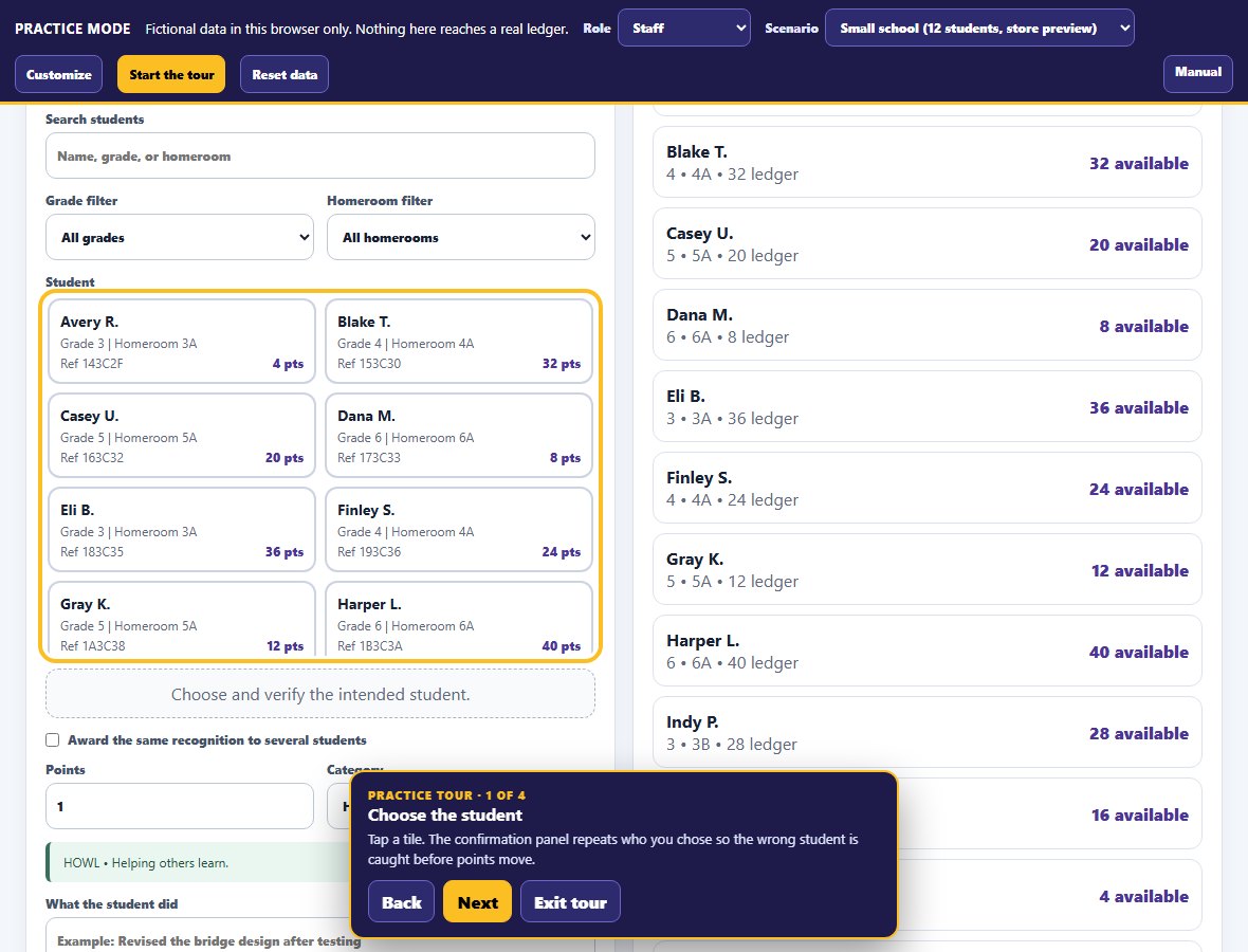 The practice portal with its dark purple practice bar across the top showing Role Staff, Scenario Small school, Customize, Start the tour, Reset data, and Manual buttons; below it the real Award points tab with student tiles outlined in amber and a Practice tour box reading 1 of 4, Choose the student.