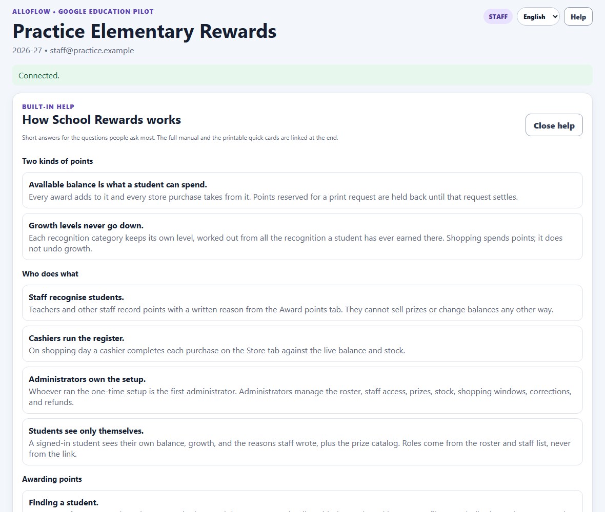 The portal header with the STAFF badge, the language menu, and the Help button, and below it the built-in help card titled How School Rewards works. Sections read Two kinds of points, with Available balance is what a student can spend and Growth levels never go down; Who does what, with staff, cashiers, administrators, and students; and Awarding points, beginning with Finding a student and Verify before you record. A Close help button sits at the top right.