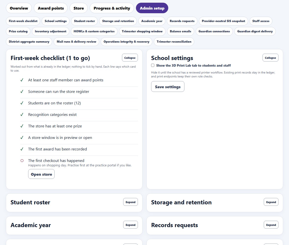 The Admin setup tab. Below the tab strip, three rows of section links such as First-week checklist, Student roster, Staff access, Prize catalog, Inventory adjustment, and Trimester reconciliation. The First-week checklist card reads 1 to go, with seven ticked lines and one open line, The first checkout has happened, carrying an Open store button. Beside it the School settings card shows the Print Lab checkbox and a Save settings button. Below, Student roster, Storage and retention, Academic year, and Records requests are collapsed with Expand buttons.