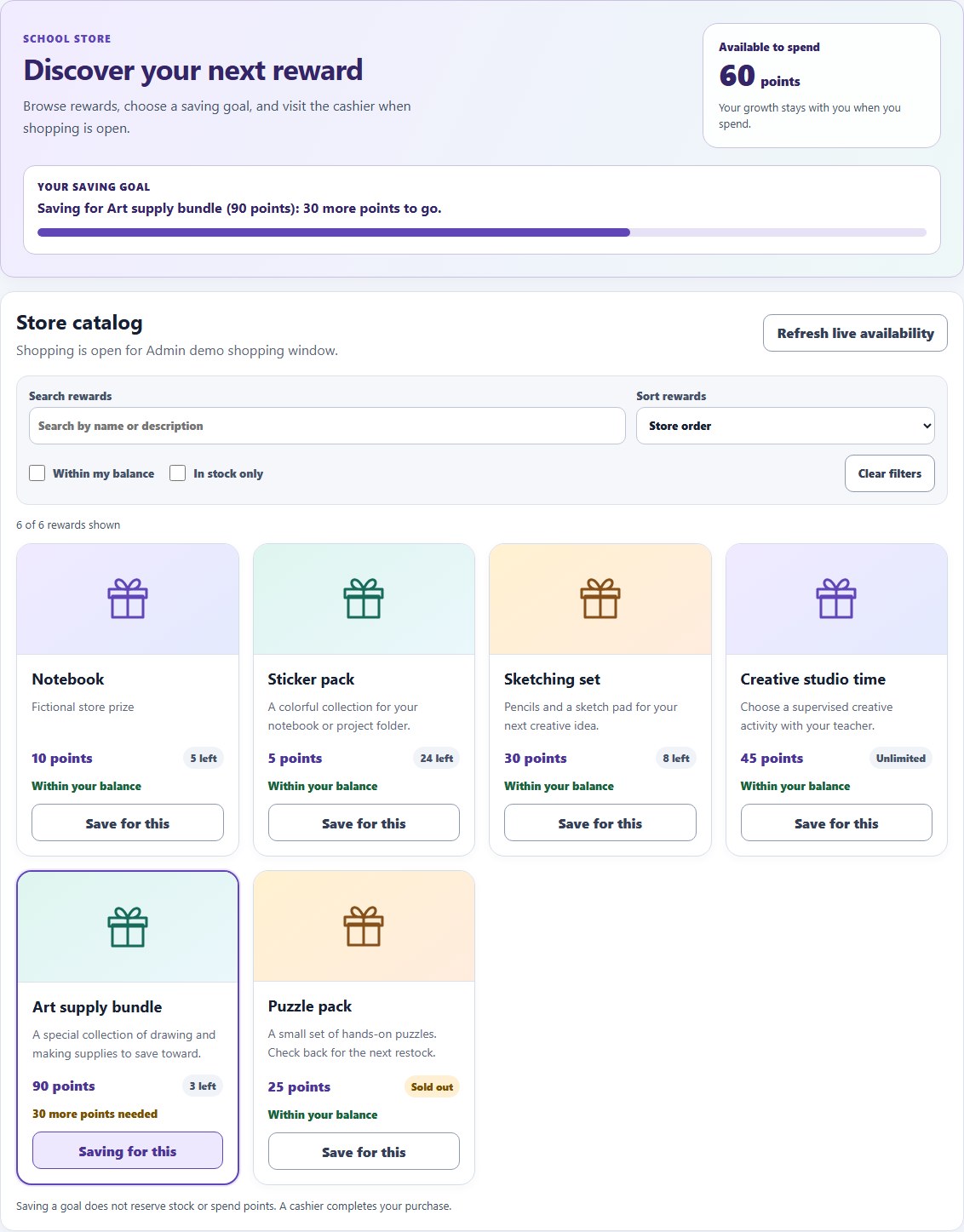 The updated fictional student store, with an available balance, a saving-goal progress bar, catalog search and sorting, affordability and stock filters, and colorful reward cards with explicit prices and stock labels.