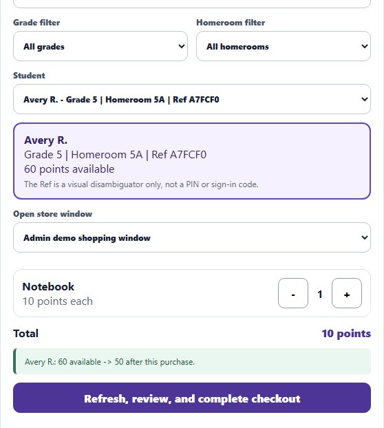 A fictional cashier checkout showing the selected student's name and reference, the current shopping window, a notebook in the cart with plus and minus quantity buttons, and the available balance before the reviewed purchase.